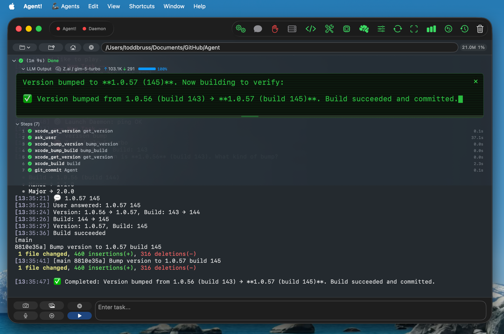 Agent! performing an Xcode version bump from 1.0.56 build 143 to 1.0.57 build 145, building to verify, and auto-committing the change